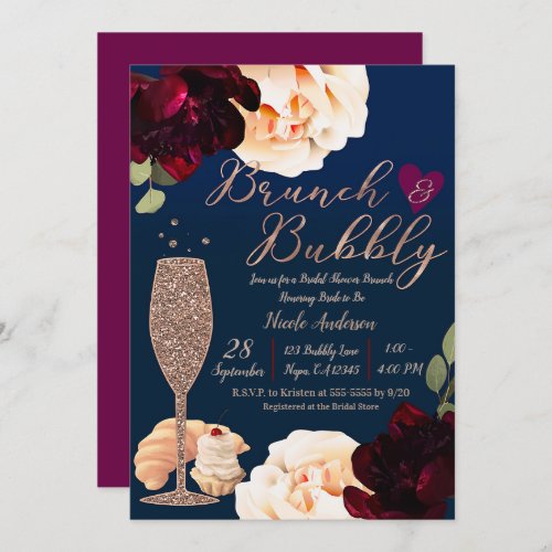 Brunch  Bubbly Champagne Dark Blue Bridal Shower Invitation