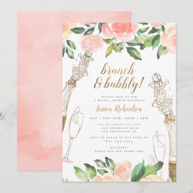 Brunch & Bubbly | Champagne Floral Bridal Shower Invitation (Front/Back)