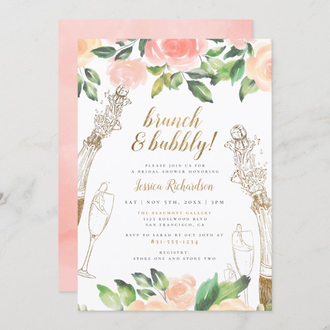 Brunch & Bubbly | Champagne Floral Bridal Shower Invitation