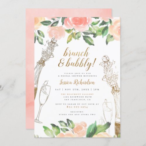 Brunch  Bubbly  Champagne Floral Bridal Shower Invitation