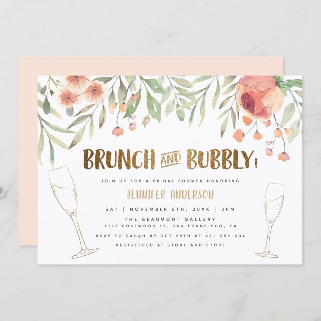 Brunch & Bubbly Champagne & Gold Bridal Shower Invitation (Front/Back)
