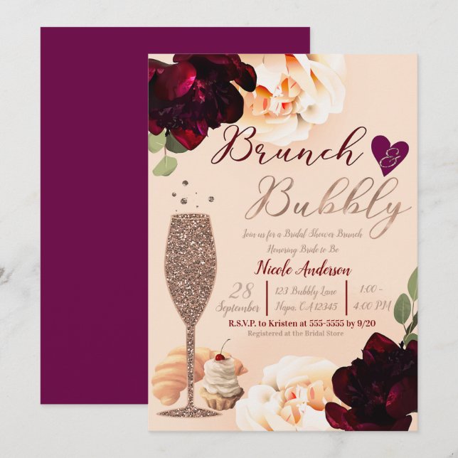 Brunch & Bubbly Champagne Peach Gold Bridal Shower Invitation (Front/Back)