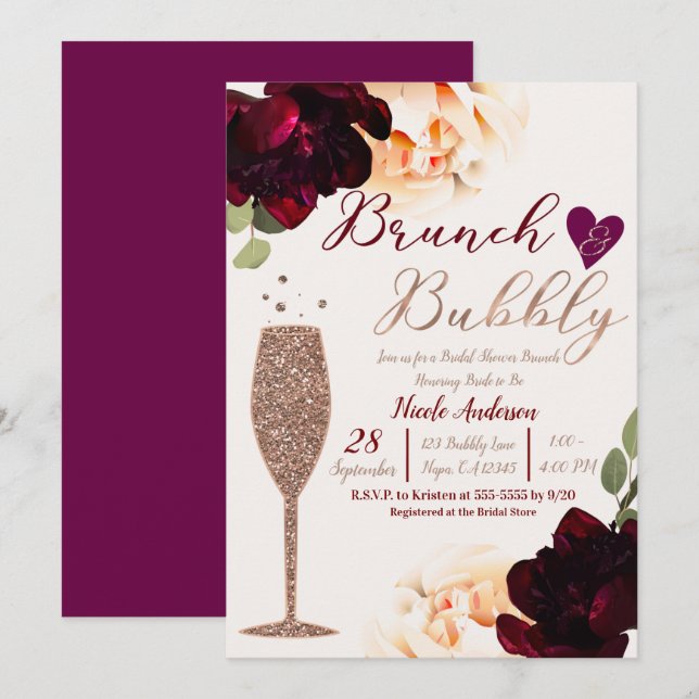 Brunch & Bubbly Champagne Rose Gold Bridal Shower Invitation (Front/Back)