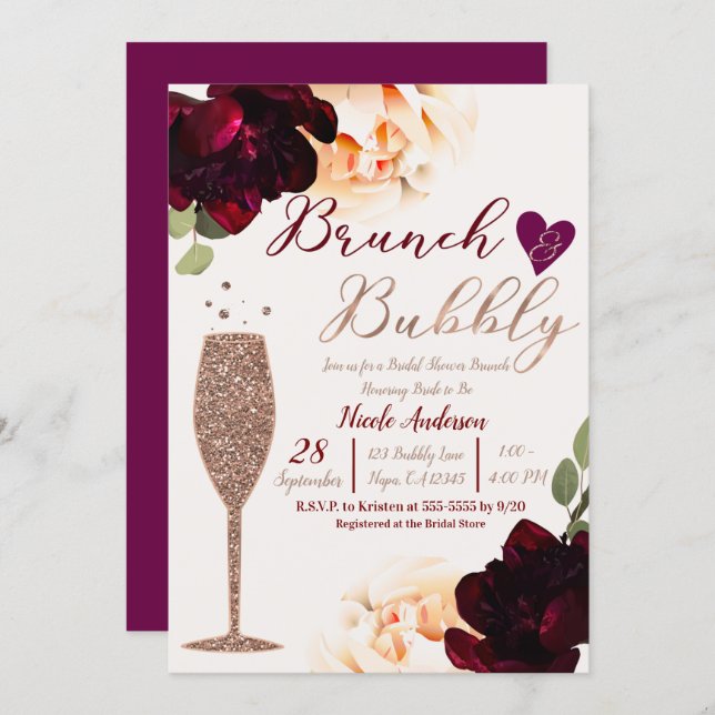 Brunch & Bubbly Champagne Rose Gold Bridal Shower Invitation (Front/Back)