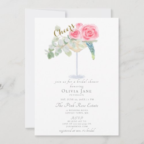 Brunch Bubbly Cheers Cocktail Roses Bridal Shower Invitation