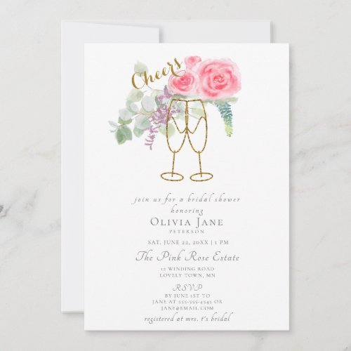 Brunch Bubbly Cheers Pink Gold Roses Bridal Shower Invitation
