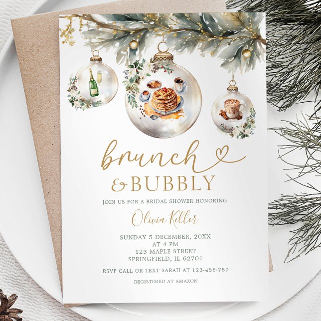 Brunch & Bubbly Christmas Baubles Bridal Shower Invitation (Creator Uploaded)