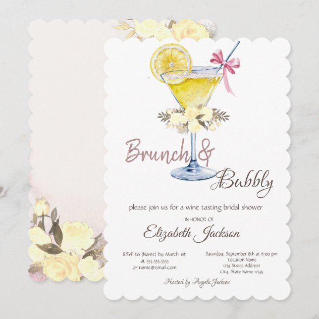 Brunch & Bubbly Cocktail Lemon Roses Invitation (Front/Back)