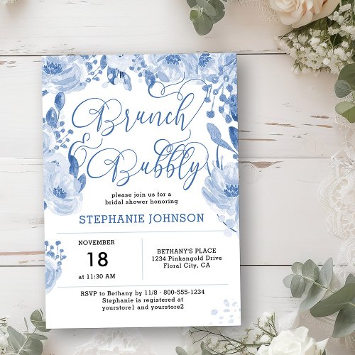 Brunch  Bubbly Dusty Blue Floral Bridal Shower Invitation
