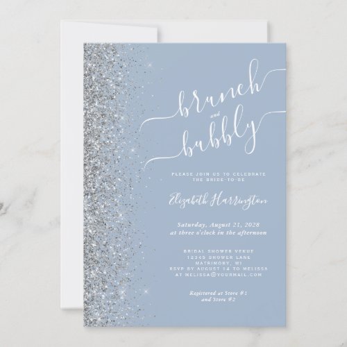Brunch  Bubbly Dusty Blue Silver Bridal Shower Invitation