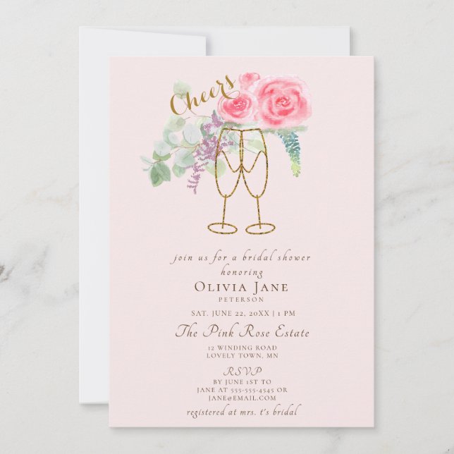 Brunch Bubbly Dusty Pink Gold Roses Bridal Shower Invitation (Front)