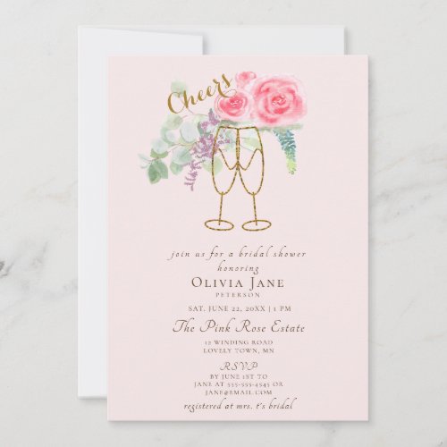 Brunch Bubbly Dusty Pink Gold Roses Bridal Shower Invitation