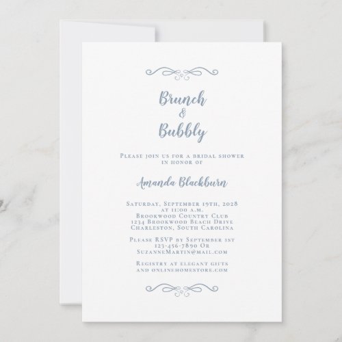 Brunch  Bubbly Elegant Dusty Blue Bridal Shower Invitation