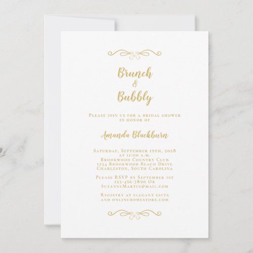 Brunch  Bubbly Elegant Gold Bridal Shower Party Invitation