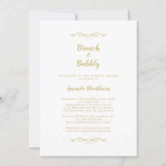 Brunch & Bubbly Elegant Gold Bridal Shower Party Invitation 