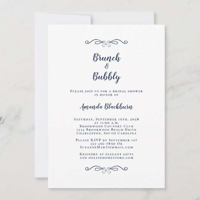Brunch & Bubbly Elegant Navy Blue Bridal Shower Invitation (Front)