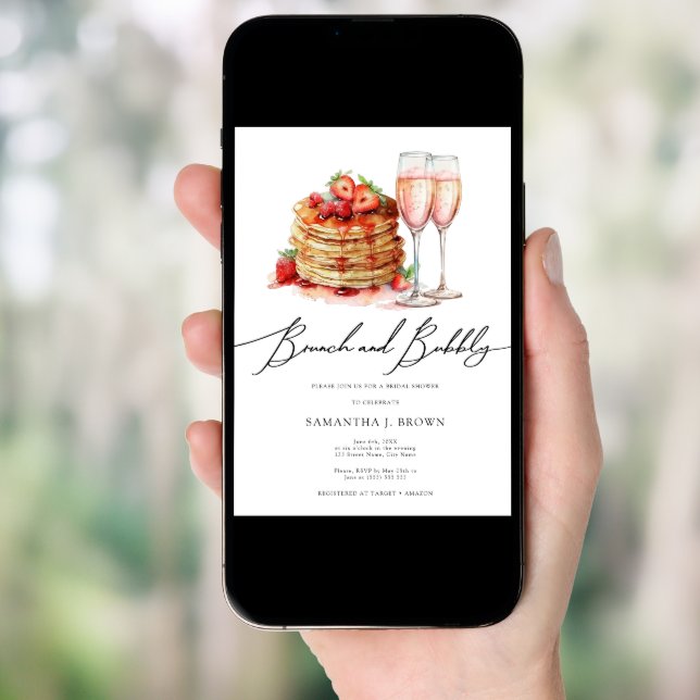Brunch & Bubbly Elegant Pancake Pink Bridal Shower Invitation (Front Digital)