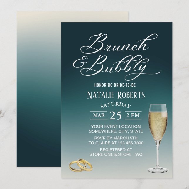 Brunch & Bubbly Elegant Teal Ombre Bridal Shower Invitation (Front/Back)