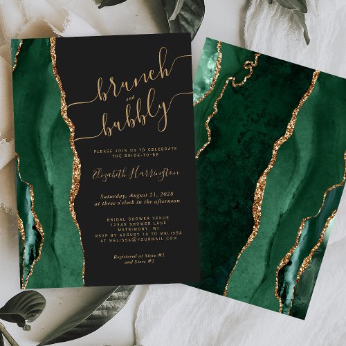 Brunch  Bubbly Emerald Green Agate Bridal Shower Invitation