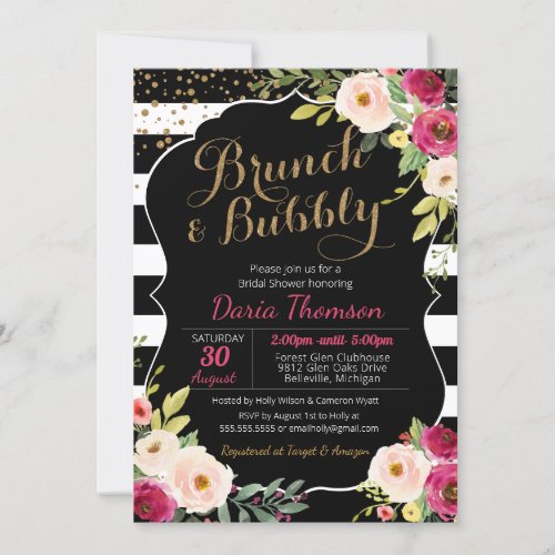 Brunch  Bubbly Floral Black White Pink Shower Invitation
