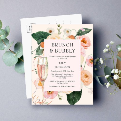 Brunch  Bubbly Floral Bridal Shower Invitation Postcard