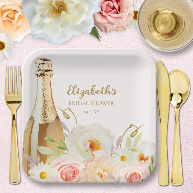 Brunch & Bubbly Floral Bridal Shower Paper Plates (Brunch & Bubbly garden floral bridal shower square paper plates - 2 sizes available)