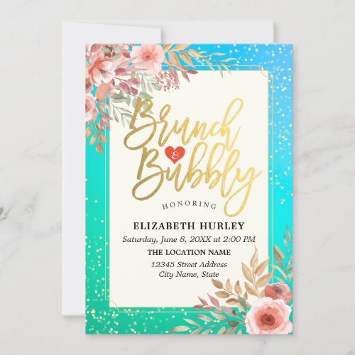 Brunch  Bubbly Floral Bridal Shower Teal Gold Dot Invitation