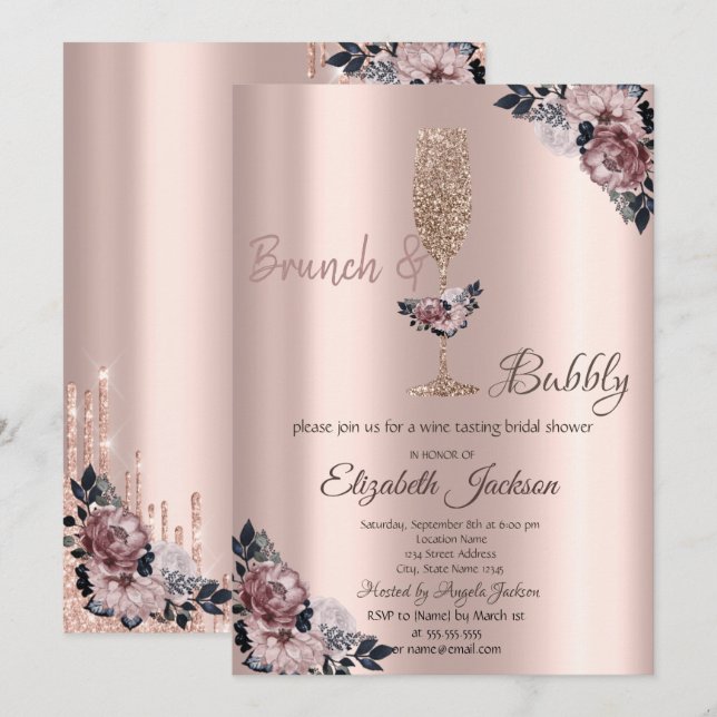  Brunch & Bubbly Floral Drips Bridal Shower  Invitation (Front/Back)