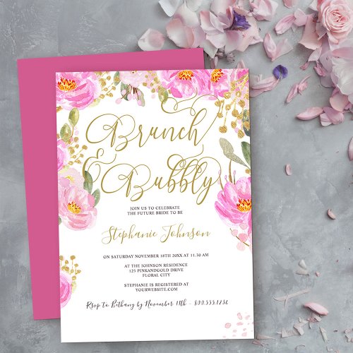 Brunch  Bubbly Floral Pink and Gold Bridal Shower Invitation