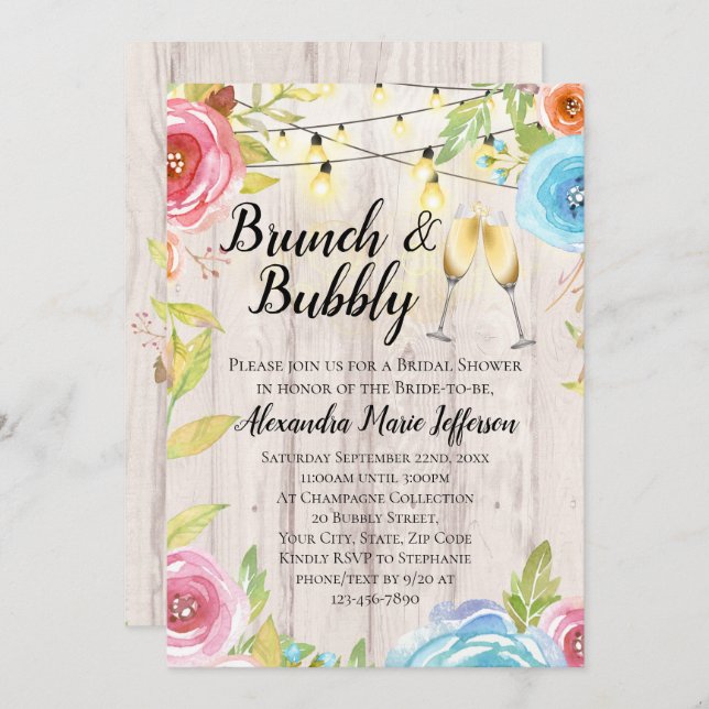 Brunch Bubbly Flower Country String Lights Wedding Invitation (Front/Back)