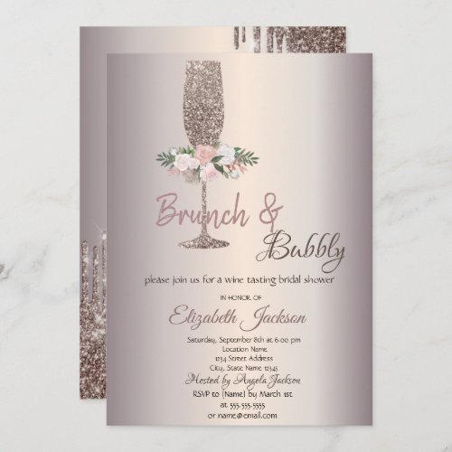  Brunch  Bubbly Flowers Rose Gold Bridal Shower  Invitation
