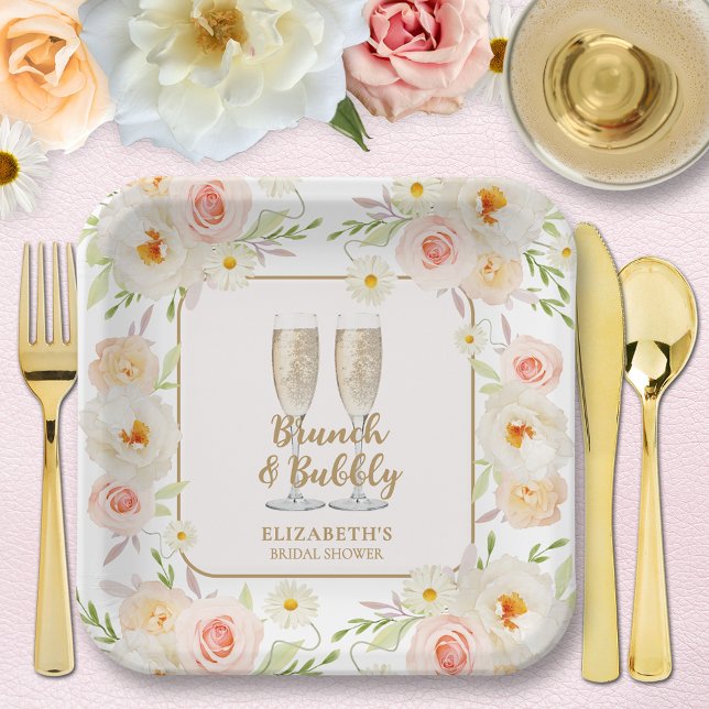 Brunch & Bubbly Garden Floral Bridal Shower Paper Plates (Brunch & Bubbly garden floral bridal shower square paper plates - 2 sizes available)