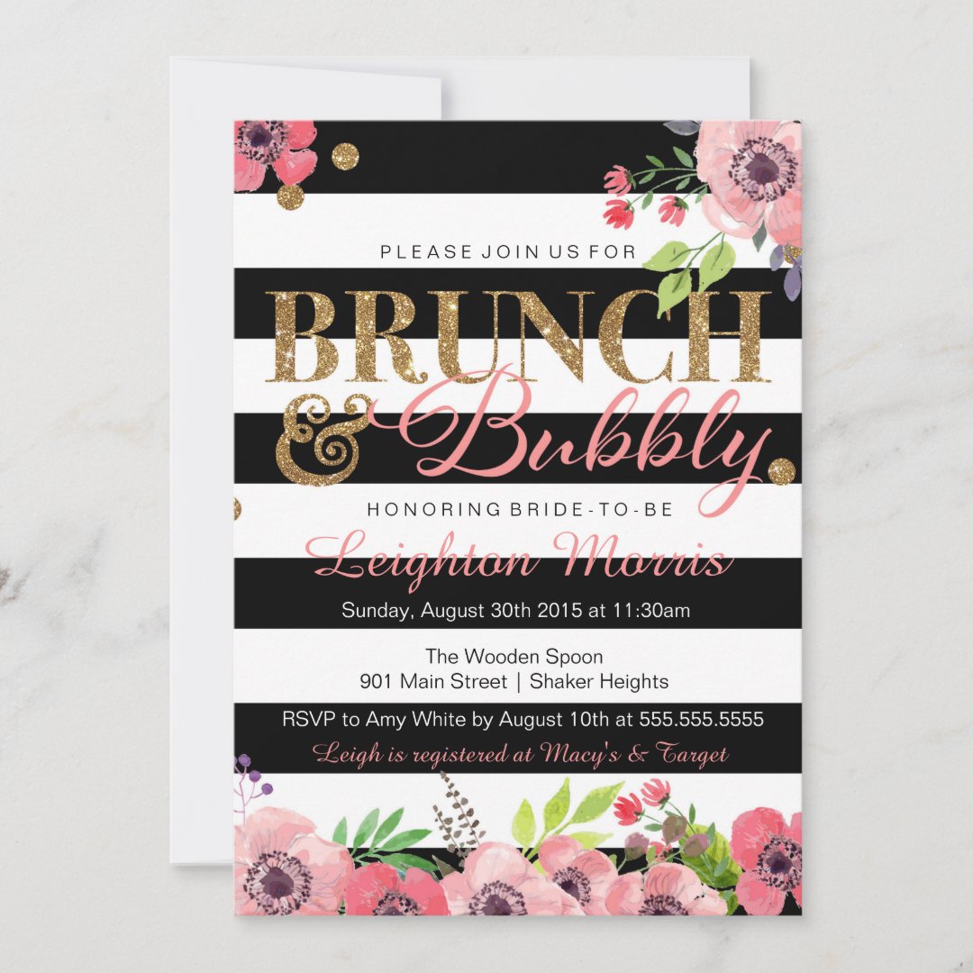 Brunch & Bubbly Glitter Black White Bridal Shower Invitation | Zazzle