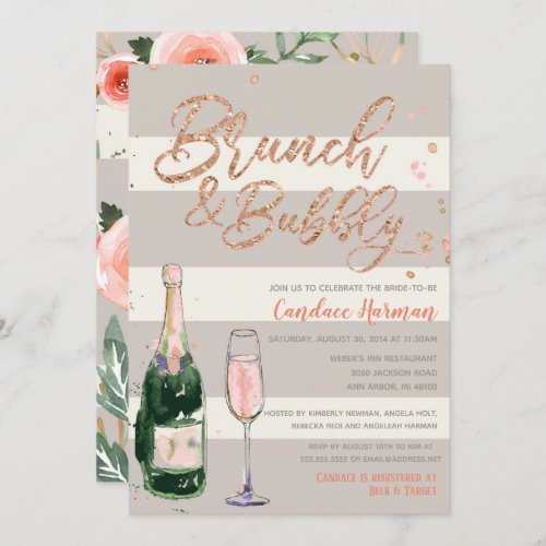 Brunch  Bubbly Glitter Rose Gold Bridal Shower Invitation