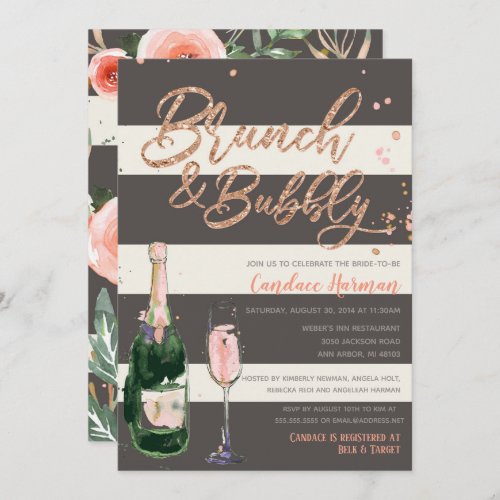 Brunch  Bubbly Glitter Rose Grey Bridal Shower Invitation