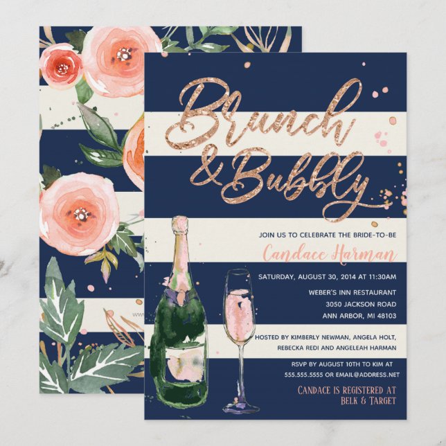 Brunch & Bubbly Glitter Rose Navy Bridal Shower Invitation (Front/Back)