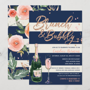 Brunch & Bubbly Glitter Rose Navy Bridal Shower Invitation