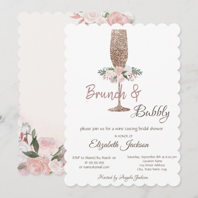 Brunch & Bubbly Glitter Wine Glass Bridal Shower   Invitation (Front/Back)