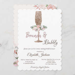 Brunch & Bubbly Glitter Wine Glass Bridal Shower   Invitation