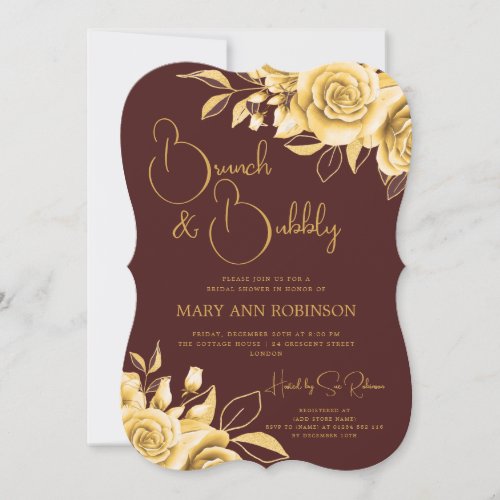 BRUNCH  BUBBLY Gold Floral Bridal Shower Burgundy Invitation