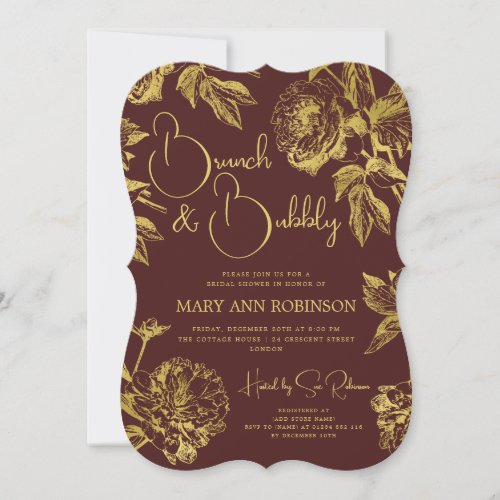 BRUNCH BUBBLY Gold Floral Bridal Shower Burgundy Invitation