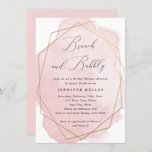Brunch  Bubbly Gold Geo Frame Pink Watercolor  Invitation