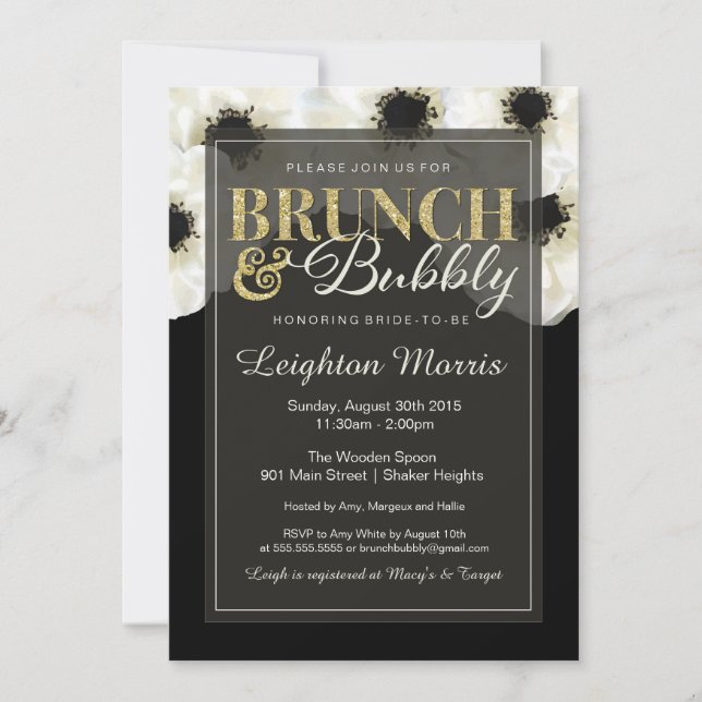 Brunch & Bubbly Gold Glitter Anemone Shower Invitation (Front)
