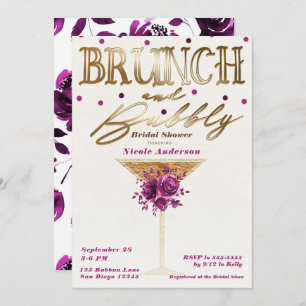 Brunch Bubbly Gold Pink Wine Floral Bridal Shower Invitation