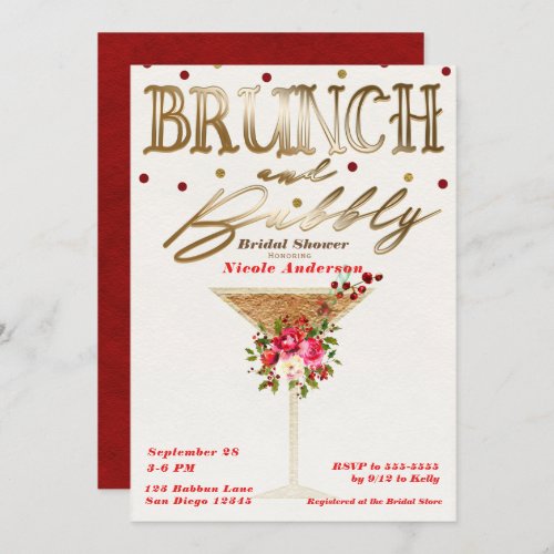 Brunch  Bubbly Gold Red Holiday Bridal Shower Invitation