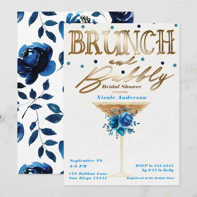 Brunch Bubbly Gold Teal Blue Floral Bridal Shower Invitation (Front/Back)
