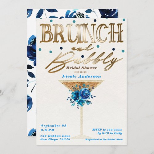 Brunch Bubbly Gold Teal Blue Floral Bridal Shower Invitation