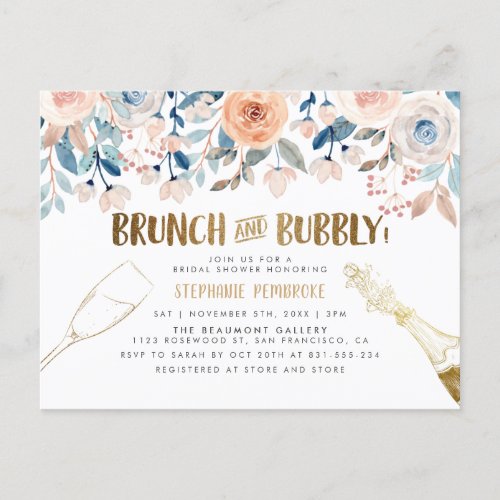 Brunch  Bubbly  Gold  Watercolor Bridal Shower Invitation Postcard