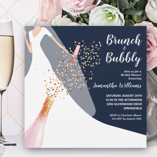 Brunch Bubbly Gown on Navy Bridal Shower Invitation