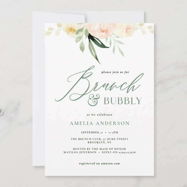 Brunch & bubbly green and peach watercolor floral (Front)